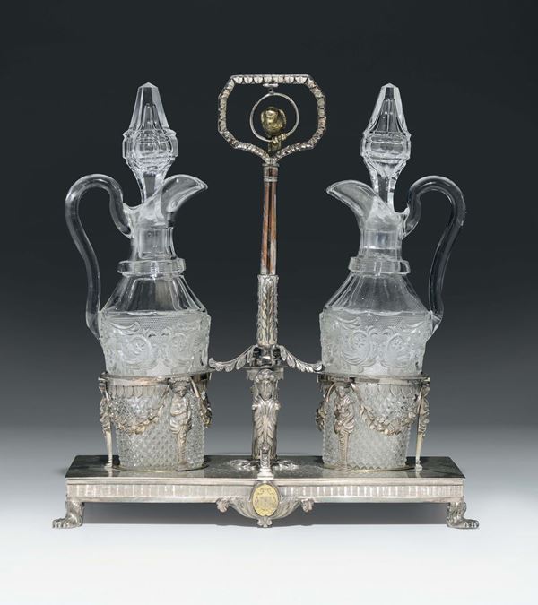 Oliera in argento sbalzato, fuso e cesellato con ampolle in cristallo molato. Argentiere Giovanni Pasini, Cesena prima metà del XIX secolo