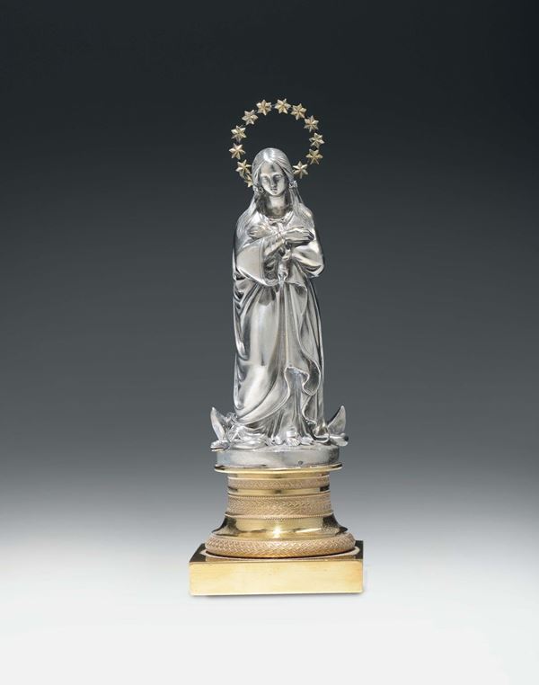 Scultura in argento raffigurante Vergine Immacolata con aureola stellata. Argentiere Francesco Ossani, Stati Pontifici inizio del XIX secolo