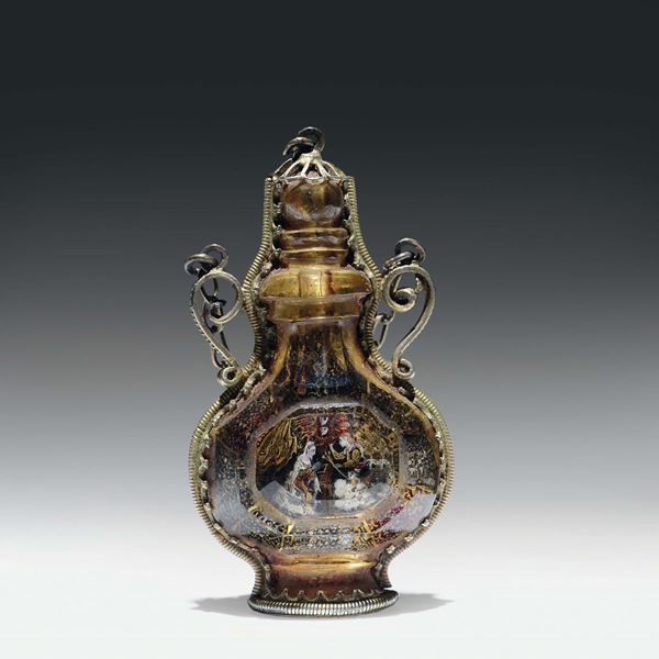 Fiaschetta reliquairio con corpo in cristallo di rocca sfaccettato. Italia o Spagna XVI-XVII secolo