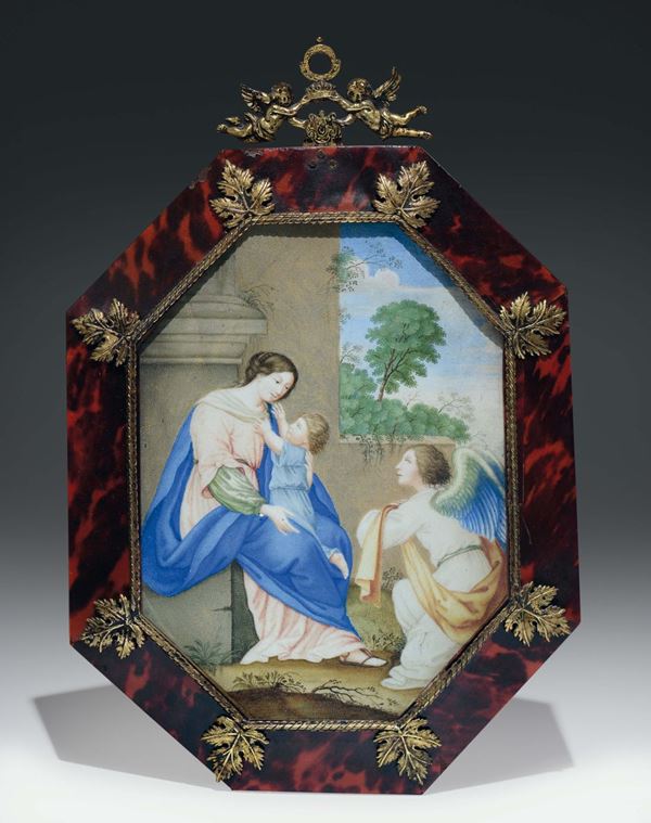 Dipinto a tempera su pergamena di forma ottagonale rafffigurante Madonna con Bambino ed angelo. Italia centrale, Roma XVII-XVIII secolo