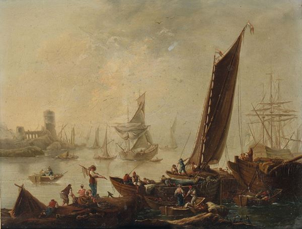 Jean Baptiste Pillement (Lyon 1728-1808) attribuito a Scena di porto con velieri