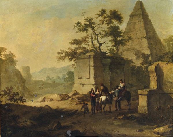 Hendrick Verschuring (Gorinchem 1627-1690) Capriccio con cavalieri e piramide