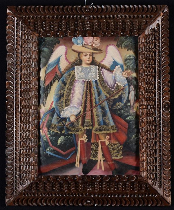 Dipinto peruviano ad olio su tela raffigurante Santo