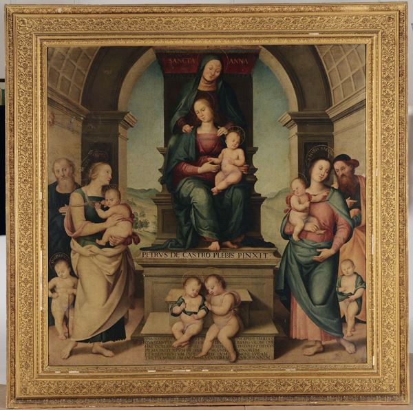 Scuola Italiana del XIX secolo, copia da Pietro Vannucci detto il Perugino Madonna con Bambino in trono, Sant'Anna e la famiglia della Vergine