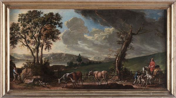 Scuola del XVIII secolo Paesaggio con figure e animali
