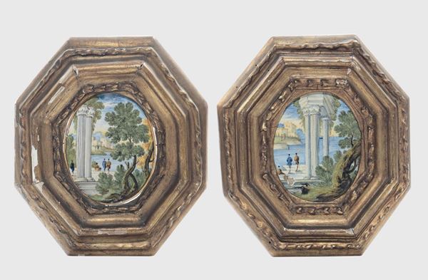 Coppia di mattonelle ovali Castelli, bottega di Nicola Cappelletti (attr.), circa 1720-1750
