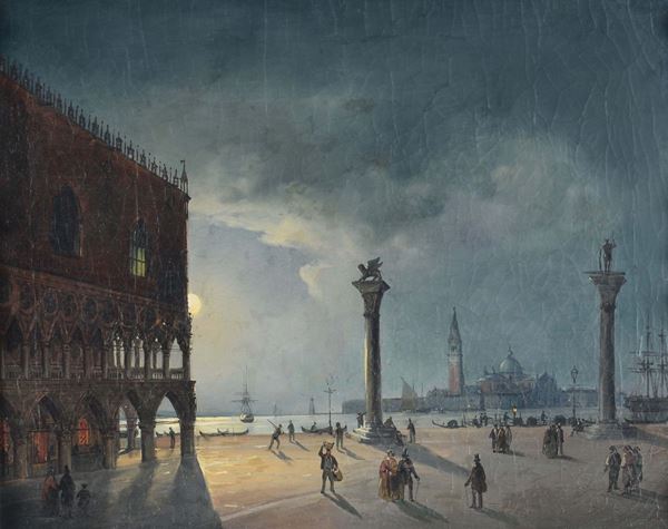 Carlo Grubacs (1810-1870), attribuito a Notturno con veduta di Piazza San Marco