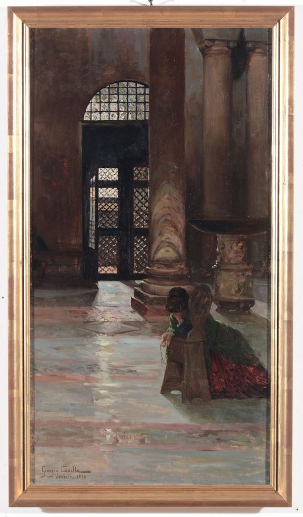 Giorgio Canella (XIX secolo) Interno di chiesa con figura, 1886