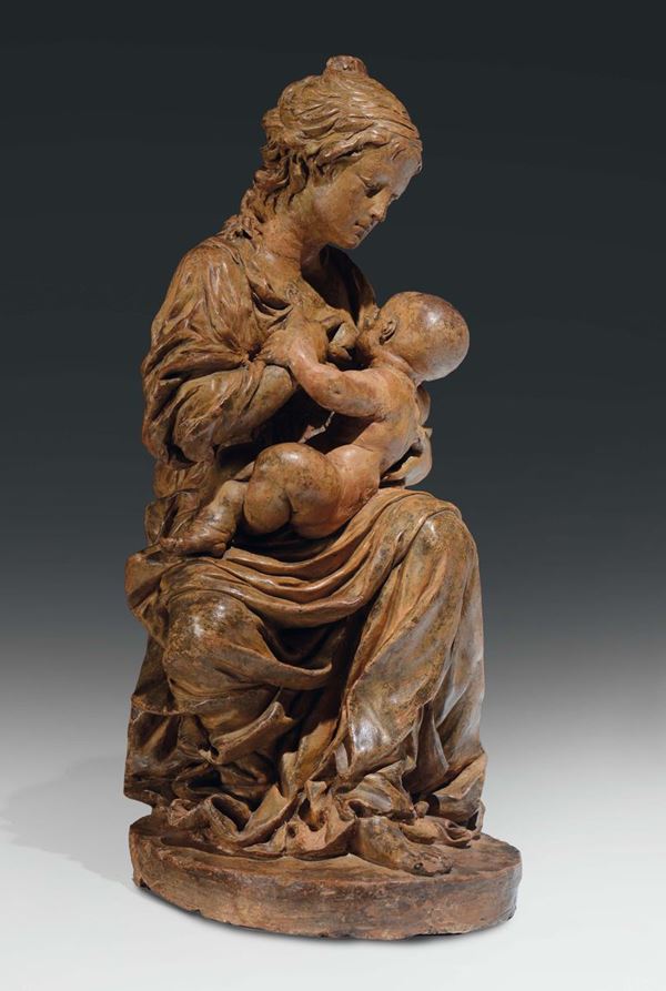 Madonna con Bambino in terracotta. Scultore prossimo a Pietro Torrigiani (Firenze 1472 - Siviglia 1528),  [..]