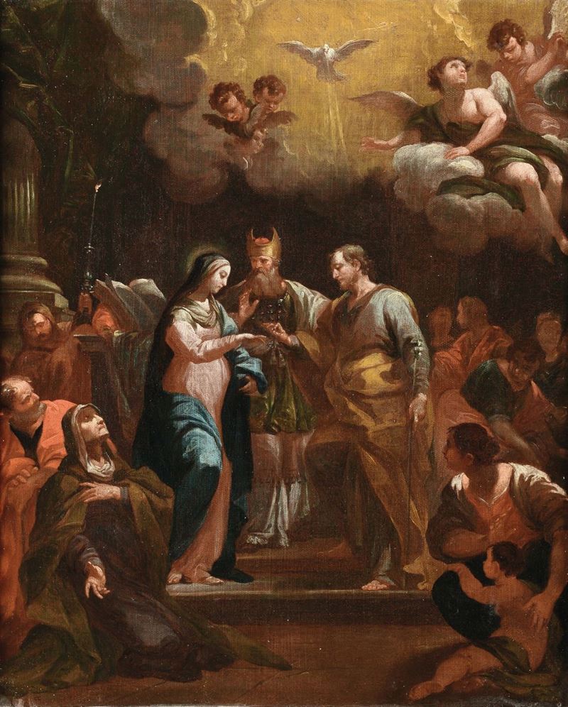 Scuola Romana del XVIII secolo<br>Matrimonio della Vergine  - Asta Dipinti Antichi - Cambi Casa d'Aste