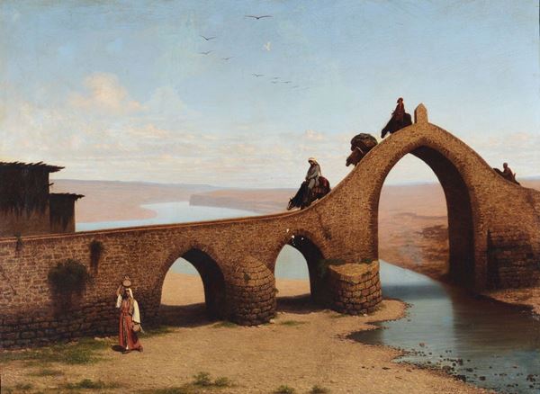 Cesare Biseo (Roma 1843-1909) Paesaggio orientalista con ponte