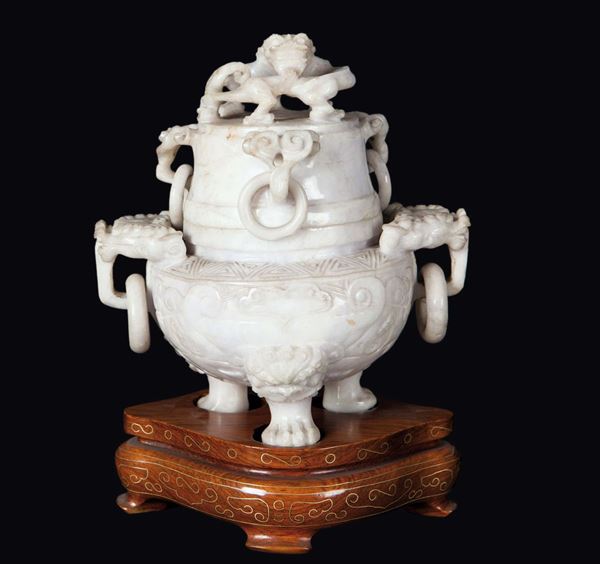 A lavender jade tripod censer and cover with Pho dog-handles, China, 20th century