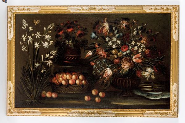 Scuola Lombarda-Veneta del XVII secolo Coppia di nature morte con fiori e frutta