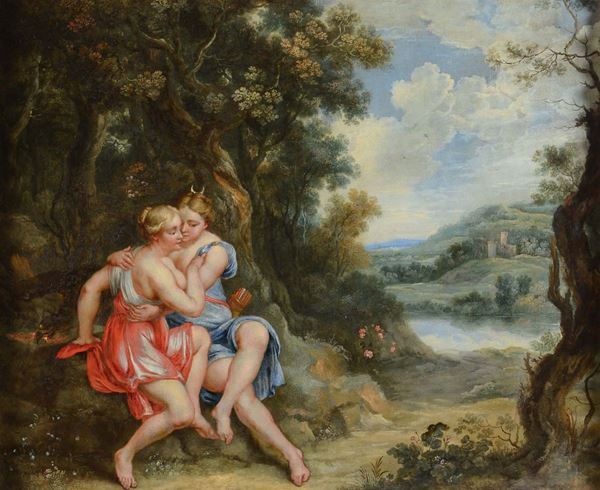 Scuola del XVIII secolo Paesaggio con figura femminile