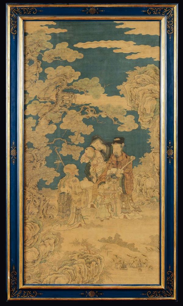 A large, fine, and extremly rare imperial silk Kesi depicting wise men and children, China, Qing Dynasty,  [..]