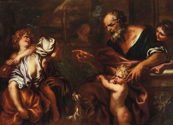 Domenico Piola (Genova 1627-1703) Abramo che caccia l’angelo e il figlio Ismaele