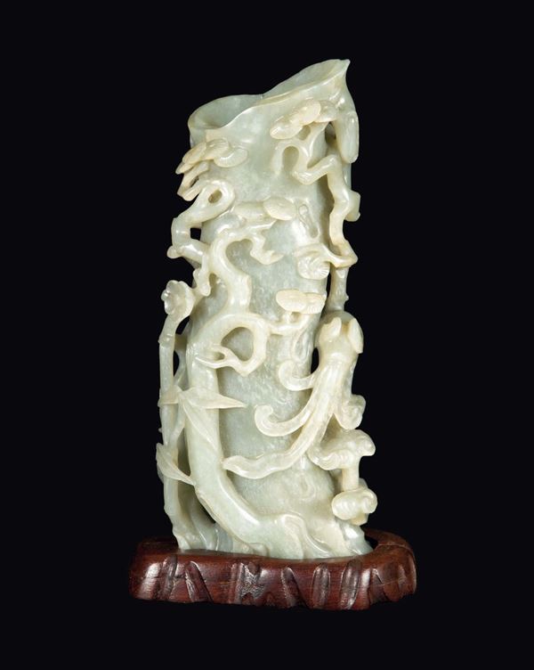 A Celadon jade vase with phoenix between branches, China, Qing Dynasty, 19th century