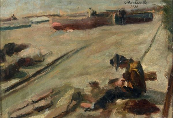 Evasio Montanella (1878 - 1940) Pescatori sulla spiaggia, 1939