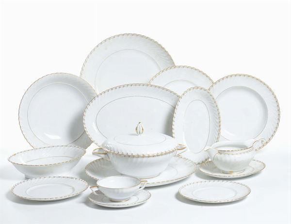 Servizio di piatti Konig PR Tettau in porcellana bianca con bordo dorato, XX secolo