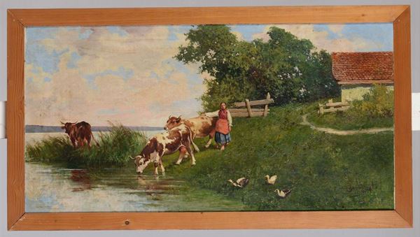 Cesare Bentivoglio (1868-1952) Mucche sulla riva del fiume