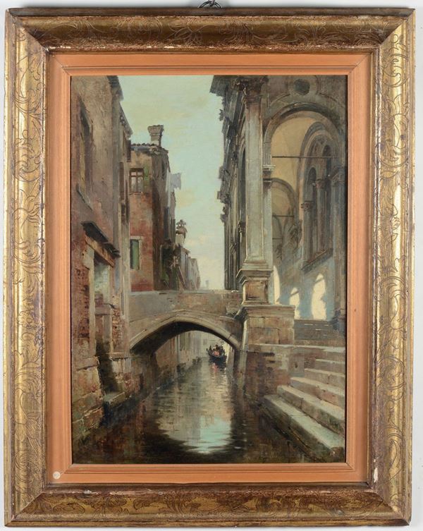 Angelo Dall'Oca Bianca (1858-1952), seguace di Veduta di canale veneziano