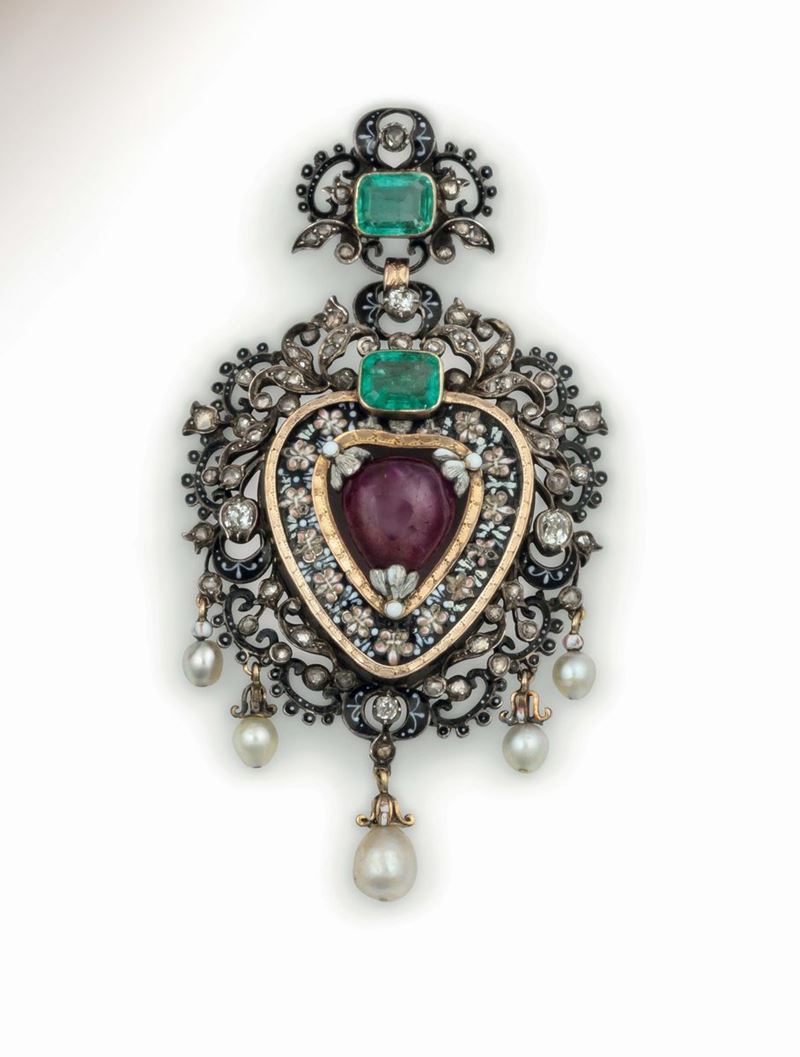 A Renaissance Revival ruby, emerald, enamel and pearl pendant. XIX Century  - Auction Fine Jewels - I - Cambi Casa d'Aste