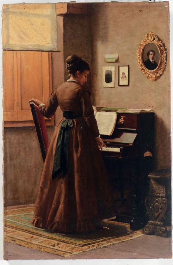 Anonimo Toscano del XIX secolo Figura femminile in un interno