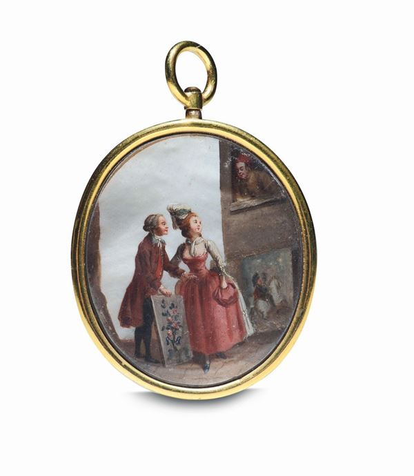 Pendente ovale in oro con al centro miniatura su madreperla con scene di genere. XVIII secolo