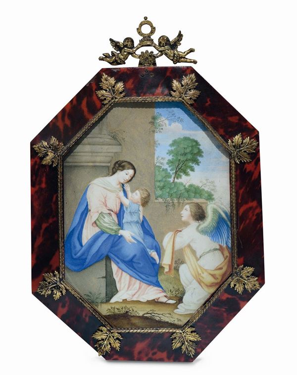 Dipinto a tempera su pergamena di forma ottagonale rafffigurante Madonna con Bambino ed angelo. Roma (?) XVII-XVIII secolo