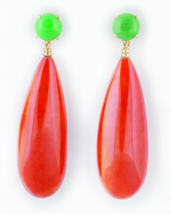 Pair of coral and jadeite pendent earrings