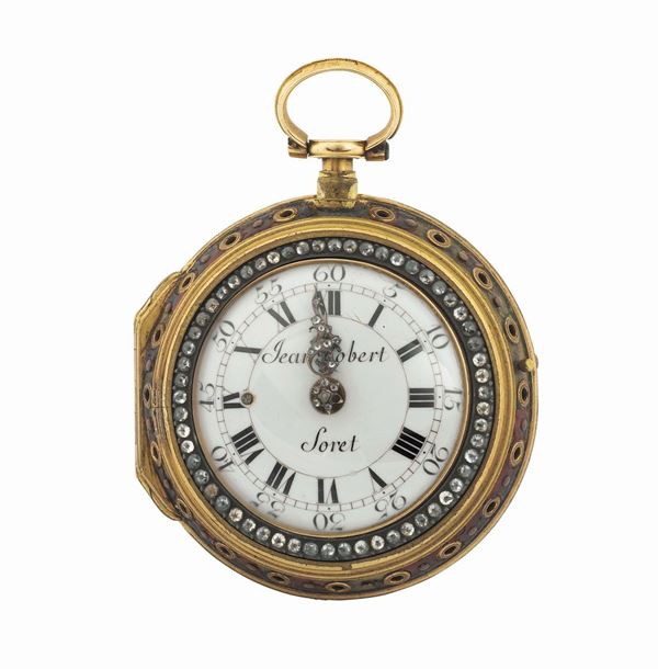 Jean Robert Soret, Geneva, extremely fine and very rare, center-seconds, 18K gold and painted on enamel pocket watch with repetition.  Made circa 1790