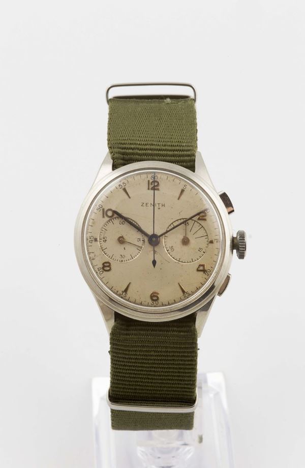 ZENITH, cassa No. 8794031, orologio da polso, cronografo,  in acciaio, con funzione Fly-back. Realizzato circa nel 1950