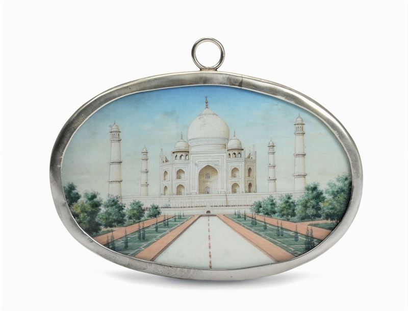 Miniatura ovale su avorio raffigurante il Taji Mahal con cornice in argento, India (?), XIX-XX secolo  - Asta Argenti da Collezione - Cambi Casa d'Aste