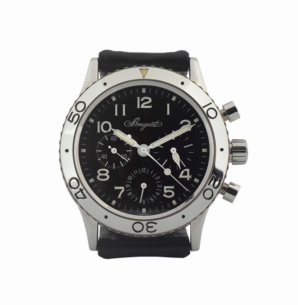 Breguet, Aeronavale Type XX, Automatic, Ref. 3800, self-winding, water-resistant, stainless steel wristwatch with round button fly-back chronograph, registers and a stainless steel Breguet deployant clasp. Accompanied by the Guarantee and box. Made circa 2000's.
