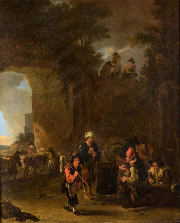 Andries Both (Utrecht 1611/12 - Venezia 1641) Scena di popolani con vendita di castagne