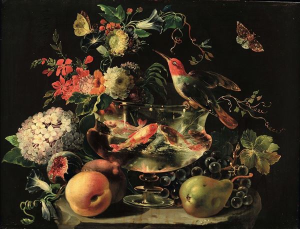Johann Winck (Eichstatt 1748 - Monaco 1817) Natura morta con coppa di pesci e fiori e frutta