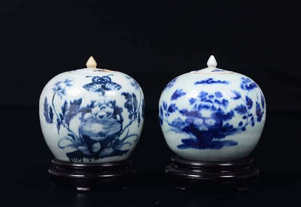 Coppia di poriches in porcellana bianca e blu a decoro naturalistico, Cina, Dinastia Qing, XIX secolo