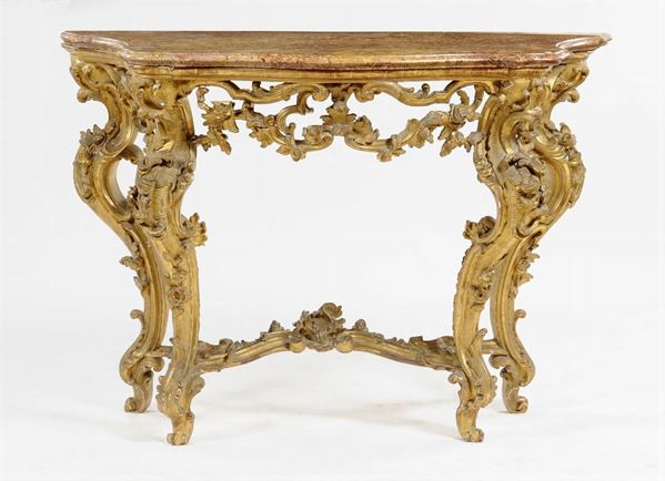 Console Luigi XV riccamente intagliata e dorata con specchiera, Genova, XVIII secolo
