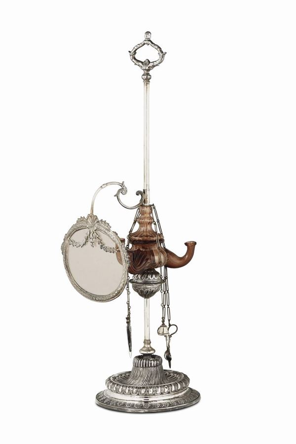 An oil lamp in embossed, molten and chiselled silver and blown glass, Genova, Torretta punch, 1788