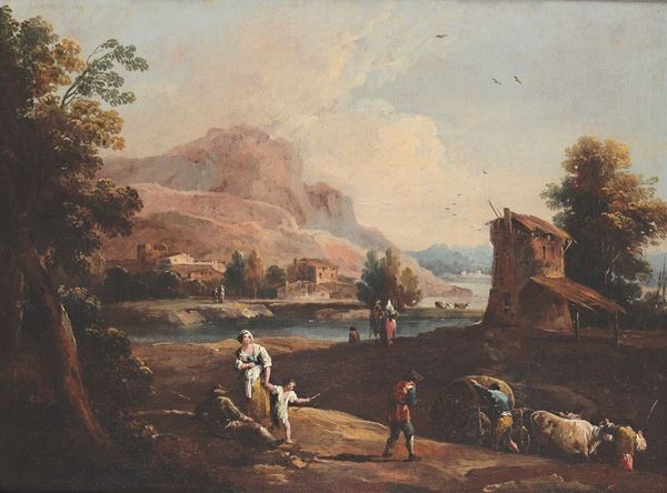Giuseppe Zais (Forno di Canale 1709 - Treviso 1784) Paesaggio con contadini e bestiame Paesaggio con contadini e bestiame