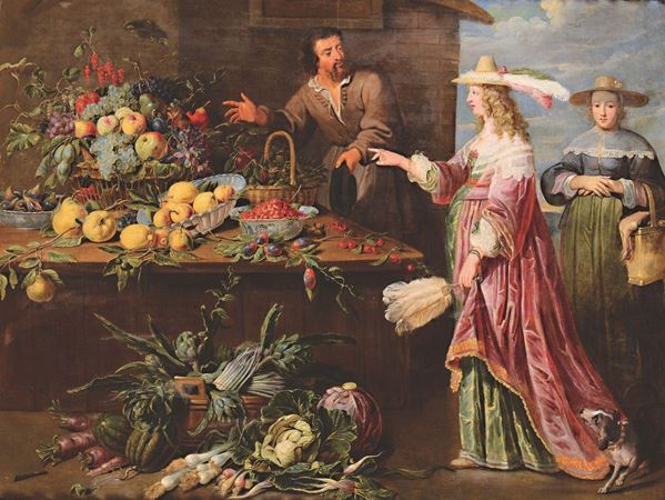 Adriaen Van Utrecht (Anversa 1599 - 1652) Giovane donna al mercato con natura morta di frutti e verdure