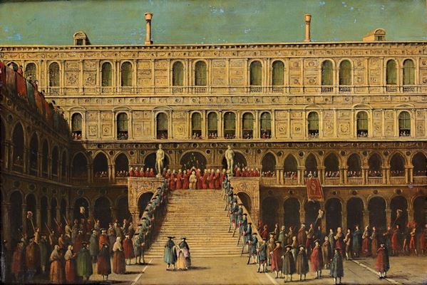 18th century Venetian school Cerimonia dogale all'interno del cortile di Palazzo ducale a Venezia Veduta di Piazza San Marco a Venezia