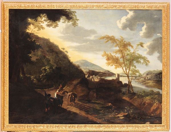 Pittore Fiammingo attivo in Italia nel XVII secolo Paesaggio con viandanti lungo un fiume