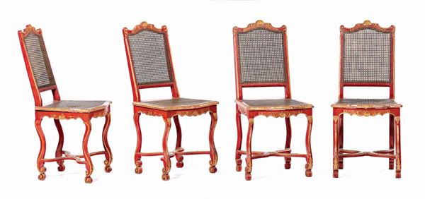 A set of four red and partially gilded laquered chairs, Northern Europe, 18th century
