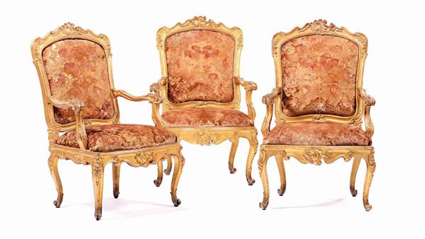 Three parcel-gilt Louis XV style armchairs, Venice, 18th century