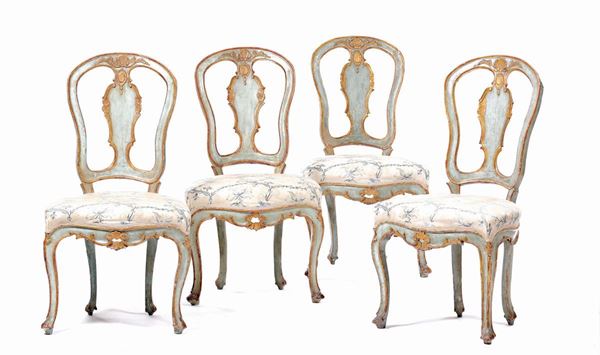 Four light blue laquered Louis XV style chairs, Venice, 18th century