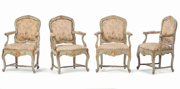Four light blue laquered Louis XV style armchairs, Venice, 18th century