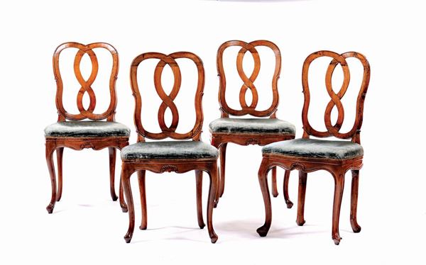Four walnut Louis XV style chairs, Veneto, 18th century