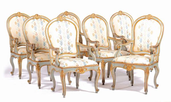 Seven blue and gold laquered Louis XV style armchairs, 18th century