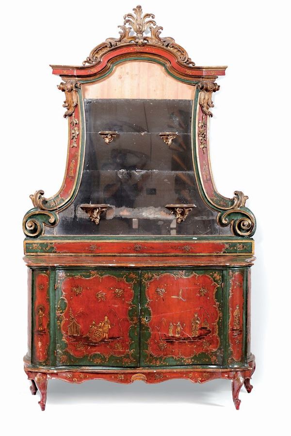 A red and green laquered chinoiserie style cupboard, 18th century